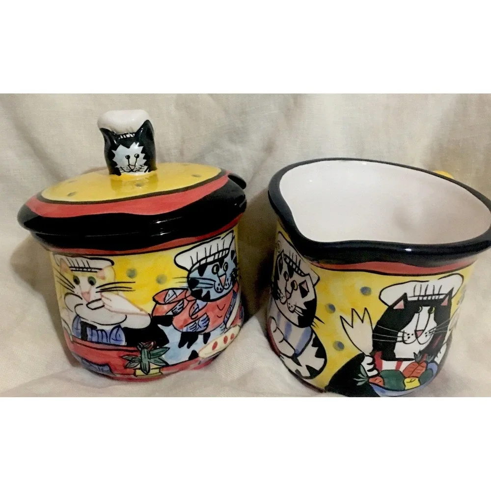Vintage Catzilla Candice Reiter  Ceramic Cats Sugar Bowl and Creamer Set 2002